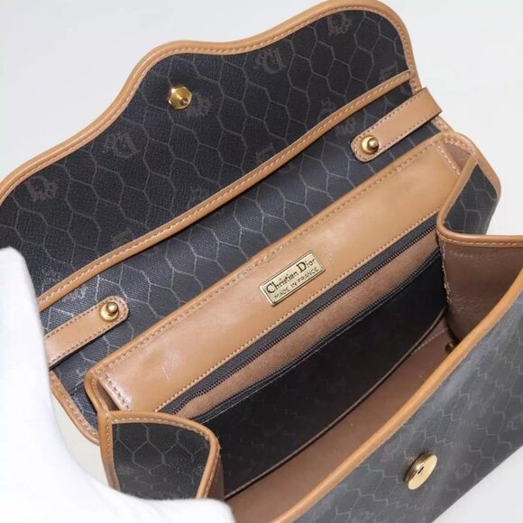 Christian Dior Honeycomb Canvas Hand Bag PVC Black Brown Authentic - Picture 7 of 16